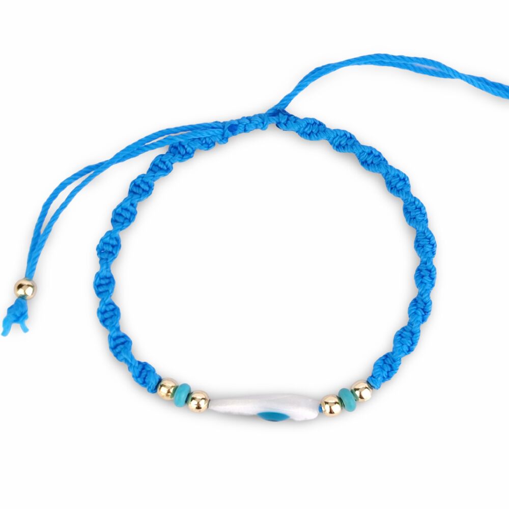 Evil Eye Macrame Bracelet - Natural Mother of Pearl Charm with Evil Eye Motif