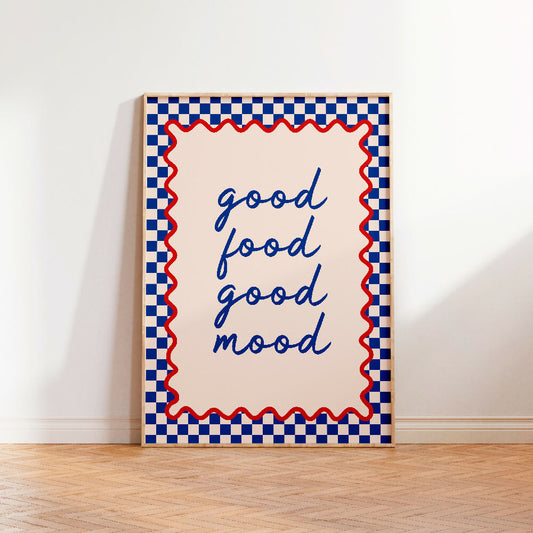 GOOD FOOD GOOD MOOD BLUE RED PRINT