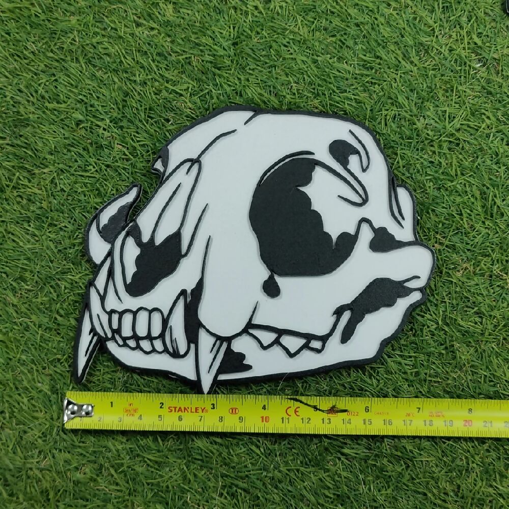 Cat skull display art. Alternative goth death moth decor. Halloween. Gothic decor