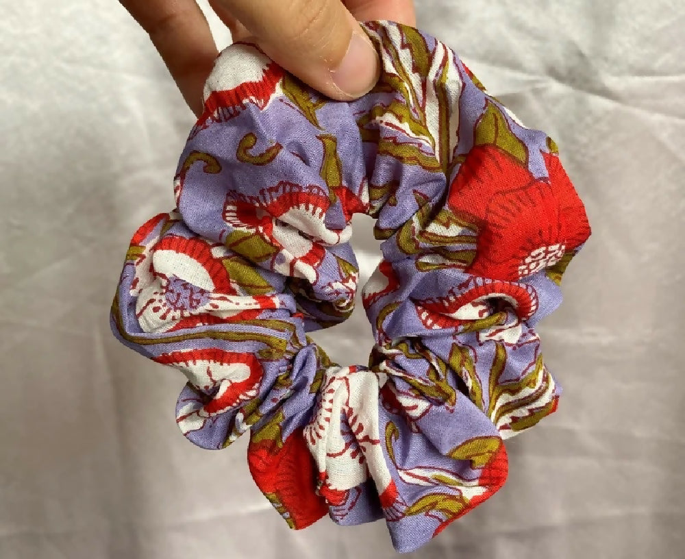 SET OF 3 COTTON BLOCK PRINT SCRUNCHIES - PURPLE/TEAL