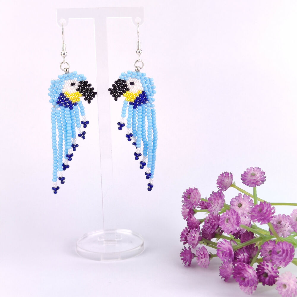 Handwoven Beaded Dangle Earrings - Blue Parrot