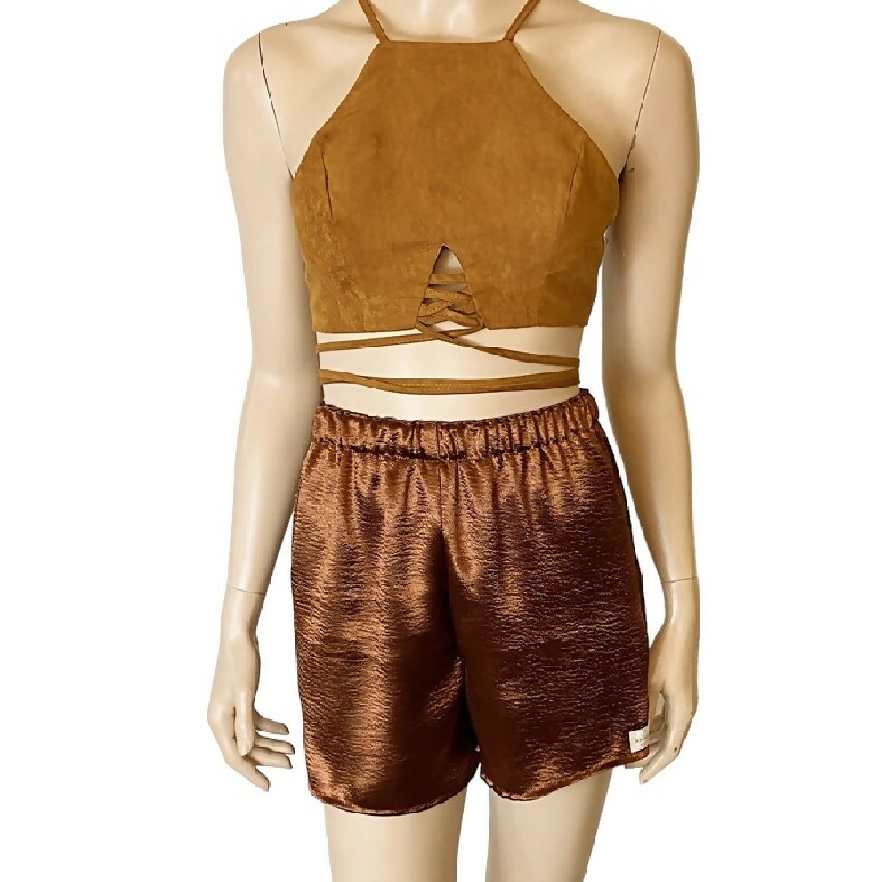 BROWN SATIN CASUAL SHORT, UK 8