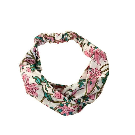 WHITE FLORAL BLOCKPRINTED TURBAN TWIST HEADBAND