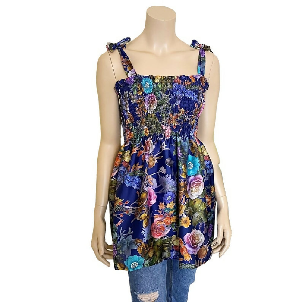 INDIGO FLORAL SATIN SHIRRED TOP - UK 12/14