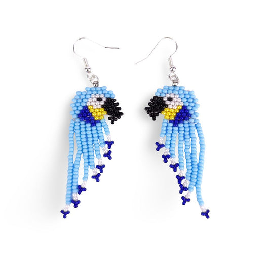 Handwoven Beaded Dangle Earrings - Blue Parrot