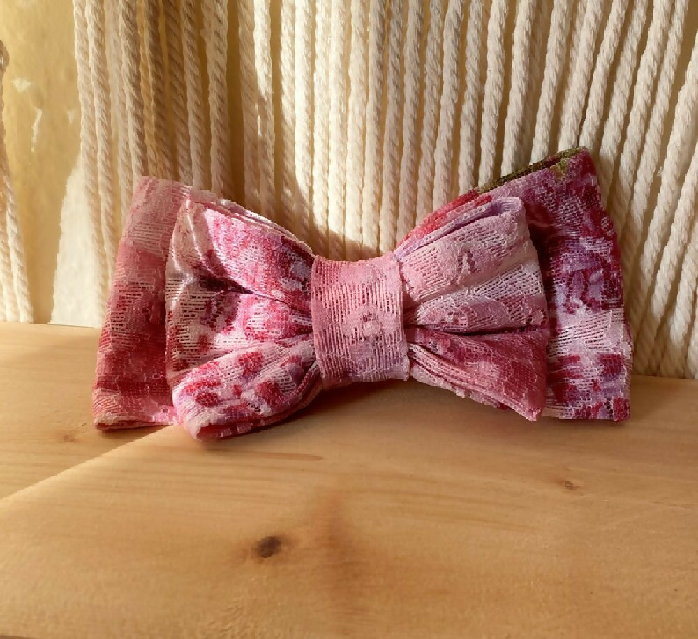 PINK FLORAL LACE HAIR BOW BARETTE CLIP